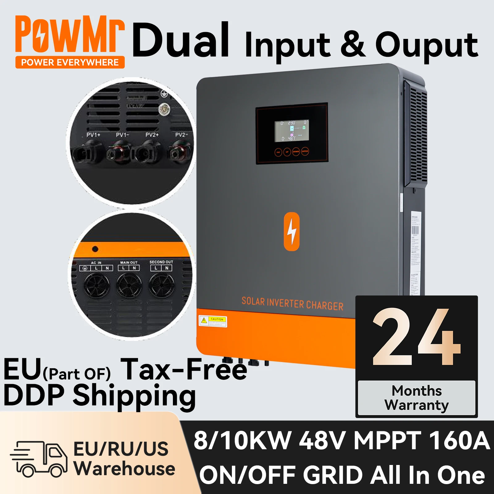 PowMr 48V 8KW 10KW 160A MPPT Grid-Tie Inverter Hybrid Solar On & Off Grid Pure Sine Wave Inverter Dual PV Input Dual AC Output