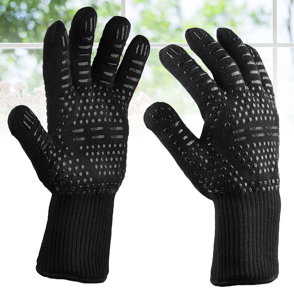 

2pcs BBQ High Temperature Resistant Aramid Case Fire Prevention Heat Insulation Kitchen Gloves(Black)