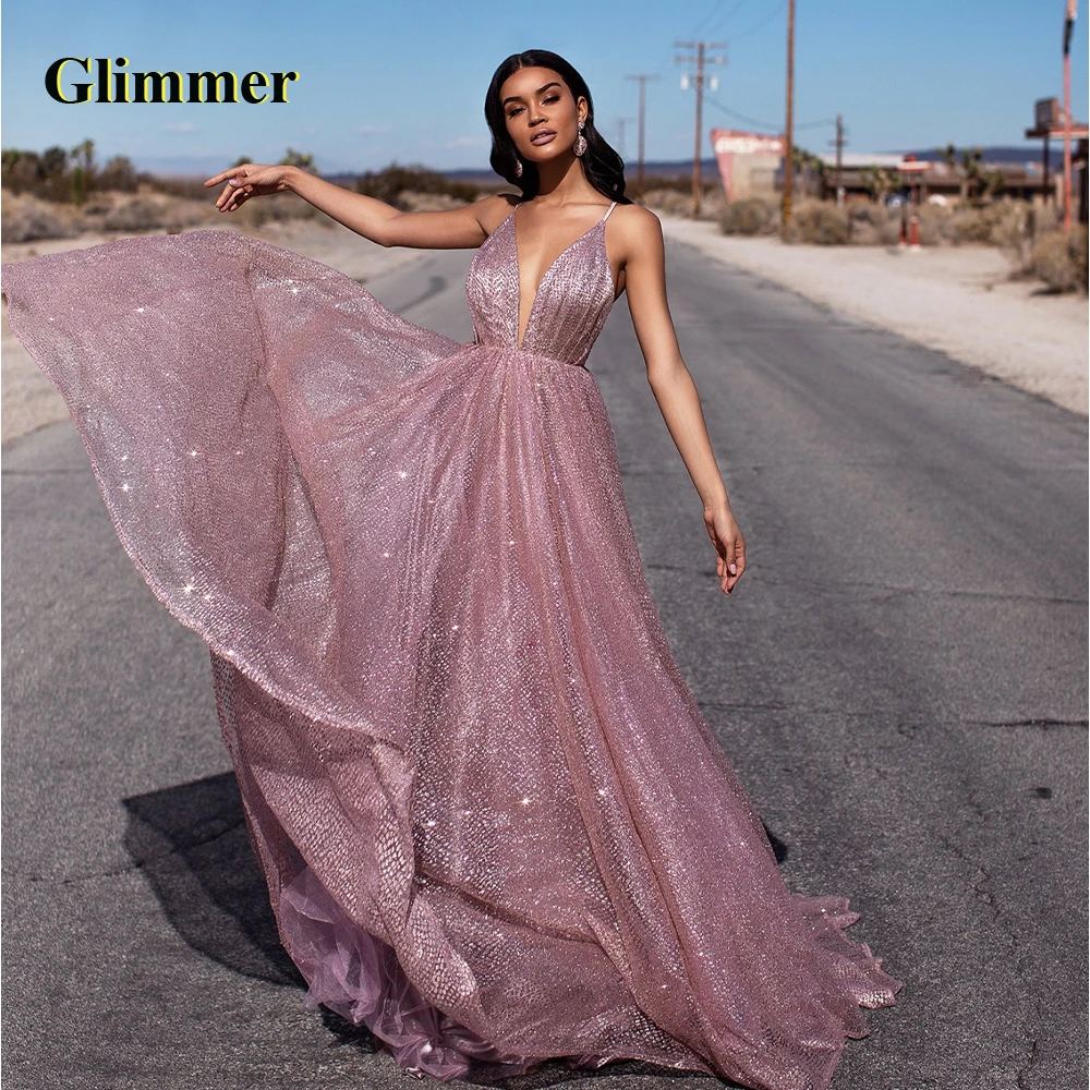 

Glimmer Deep V-Neck Sleeveless Evening Dresses Formal Prom Gowns Made To Order Quinceanera Vestidos Fiesta Gala Robes De Soiree