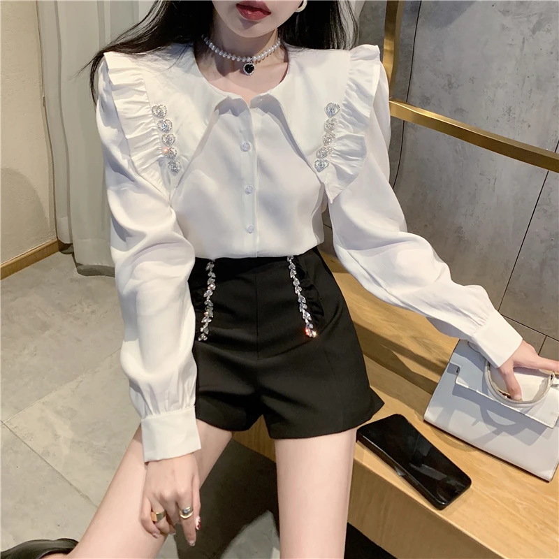 

Chiffon Women's Blouse Slim Fit Korean Style Shirt Summer White Elegant High Street Loose Top Female Clothing Turn-down Collar