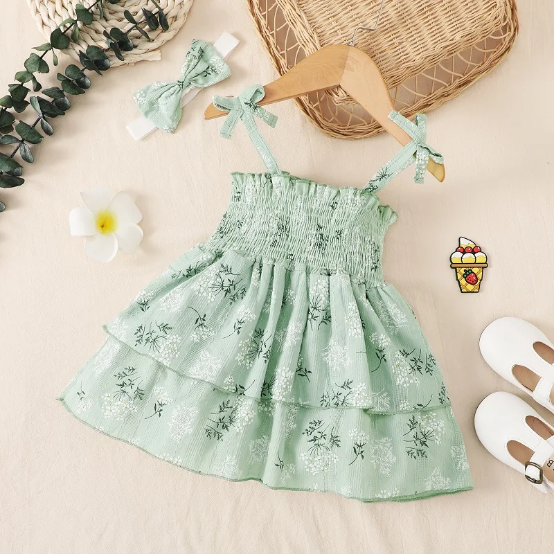 

Платье для маленьких девочек, летнее милое зеленое платье-слинг с цветочным принтом и бантом, модное Повседневное платье с оборками для мла...