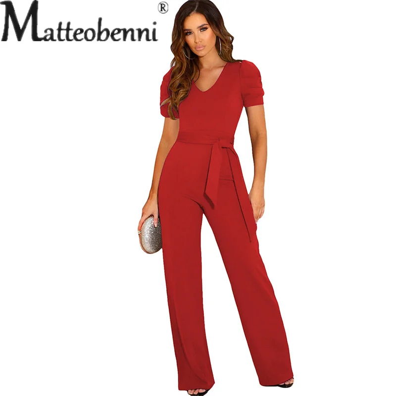 Fashion Lace-up Shrink Waist Jumpsuit Women's V Neck Short Sleeve Tops Female Wide Leg Long Pants Solid Color One Piece Outfits