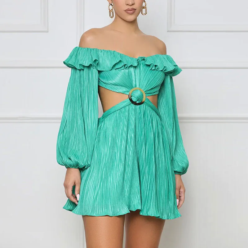 

Summer Women Long Sleeve Solid Ruffle Jumpsuit Off Shoulder Backless Crimping Shorts Romper Sexy Hollow Back Zipper Overall