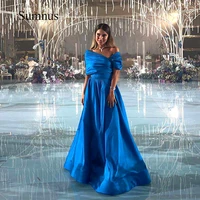 royal blue satin off the shoulder saudi arabia evening dresses pleats a line dubai wedding party gown long formal dinner dress