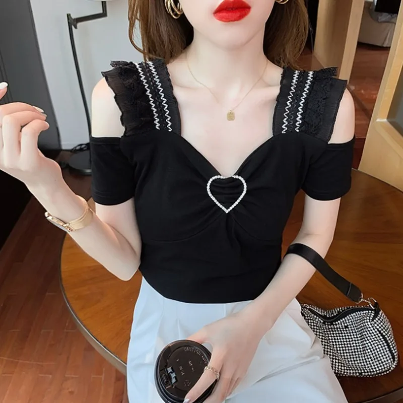 

#7342 черная Зеленая эластичная Хлопковая женская футболка с V-образным вырезом, сексуальная облегающая футболка с коротким рукавом, футболка с открытой спиной и открытыми плечами для девочек