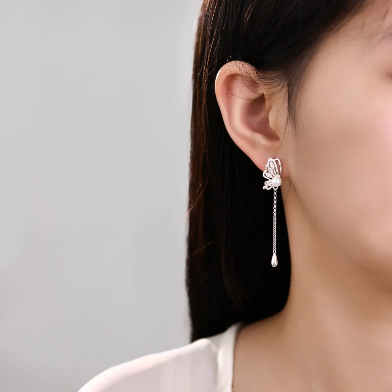 Женские серьги-гвоздики из серебра 925 пробы с длинными подвесками