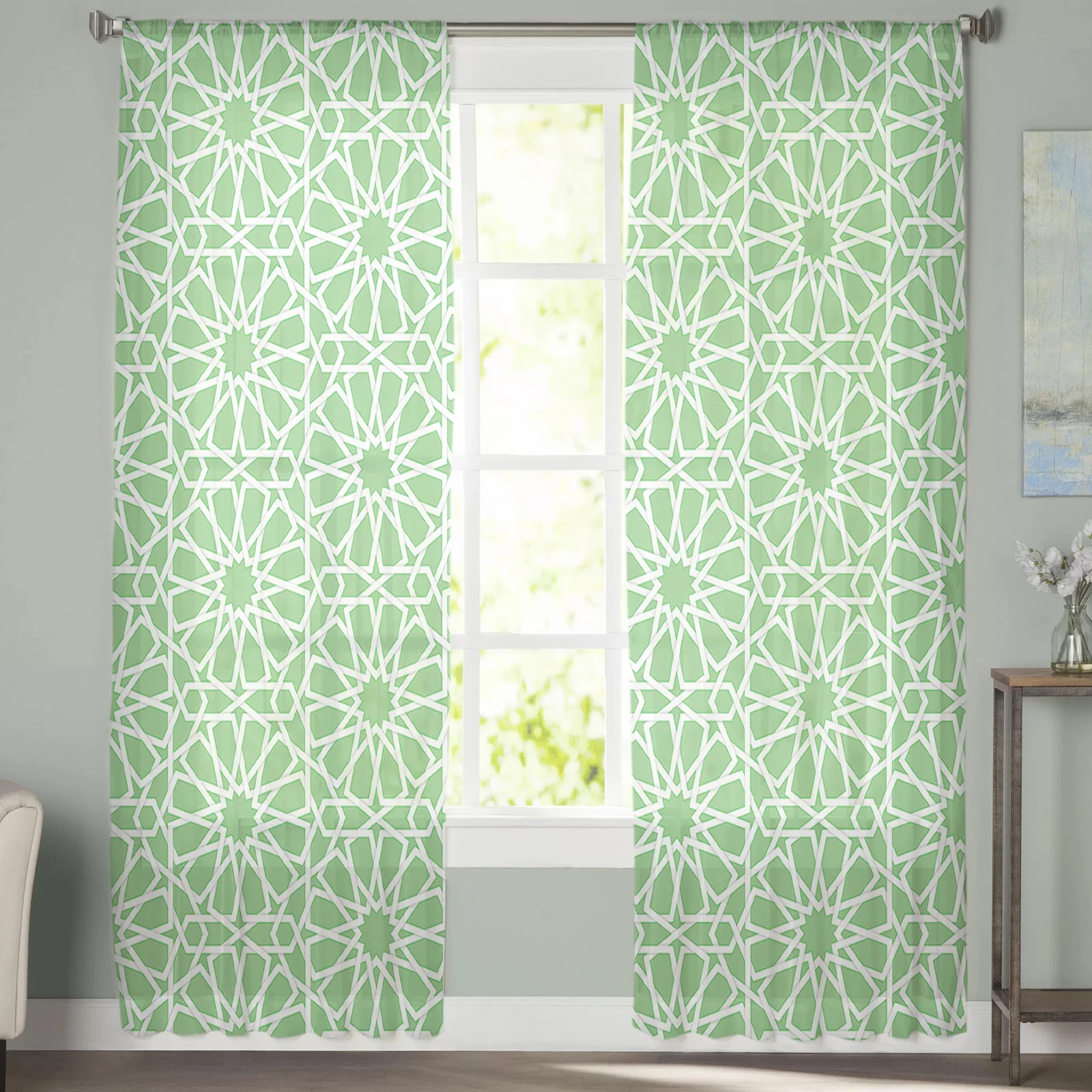 

Abstract Pattern Fresh Green Tulle Curtains For Living Room Bedroom Decoration Luxury Voile Valance Sheer Curtains For Kitchen