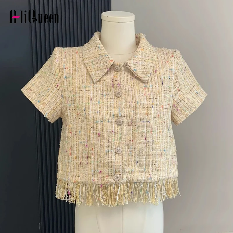

Small Fragrance Short Sleeve Single Breasted Weave Tassel Shirt Coat Women Spring Fall Versatile Tweed Jackets Casual Crop Tops