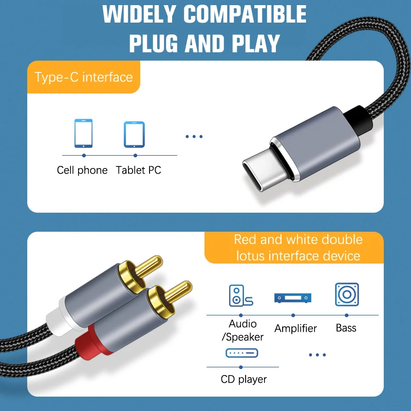 

Аудиокабель 1xtype C в RCA, переходник со шнуром Aux 2 RCA, USB C аудио линия для телефона, Усилитель громкоговорителя, мощность аудио 1 м