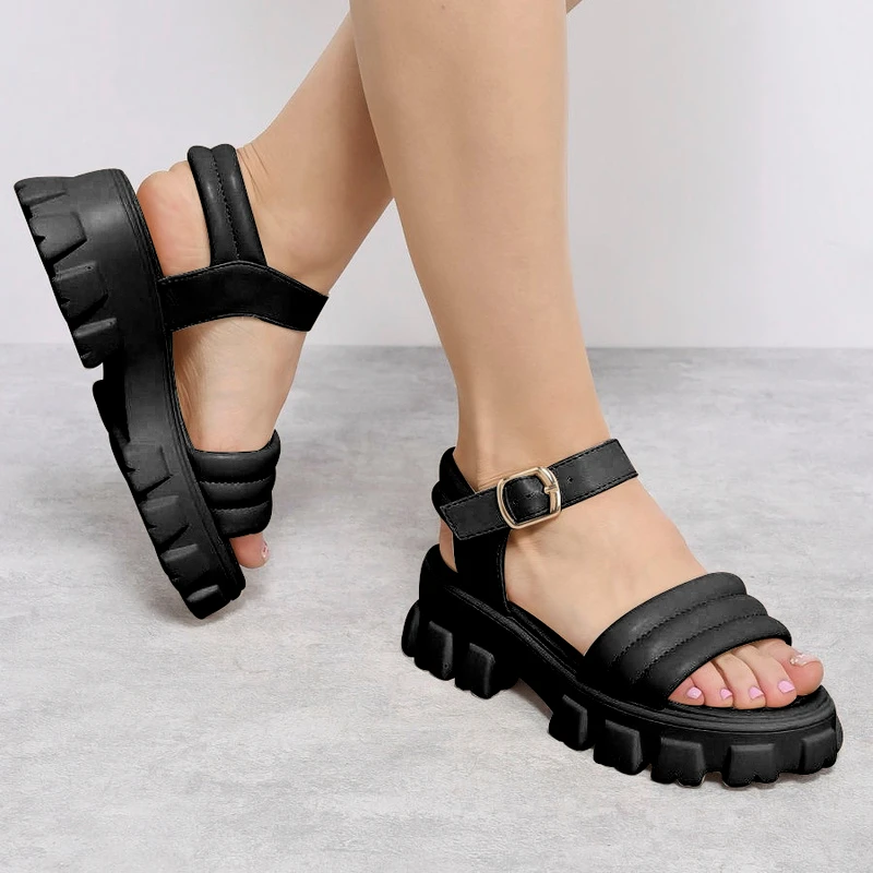

Black Platform Women Sandals Summer 2022 Female Shoes Woman Block Heel Fashion Buckle Causal Sandals Cheap High Quality