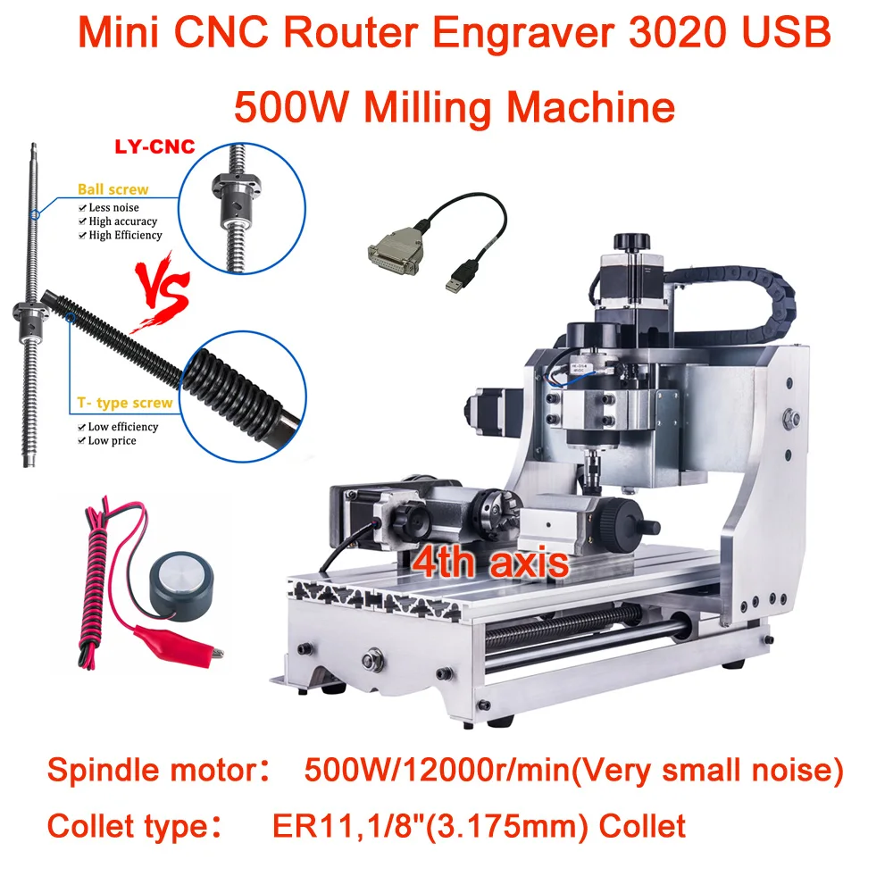 Фрезерный станок с ЧПУ, гравировальный станок, экономичный, практичный, 3020, 500 Вт, 3/4 осевой фрезерный станок для печатной платы, инструмент для бесплатной автоматической проверки, USB/LPT
