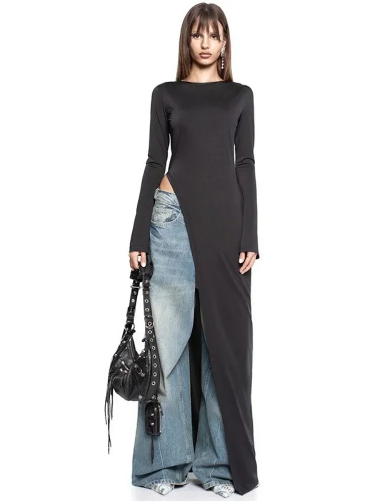 Уличная одежда Y2k тонкое облегающее платье с круглым вырезом и длинными рукавами