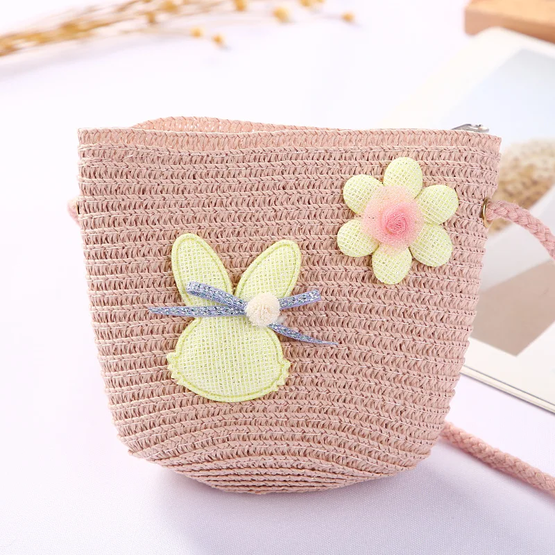 Cute Children's Straw Shoulder Bags Flower Baby Girls Small Bucket Crossbody Bag Boys Kids Mini Coin Purse Beach Handbags