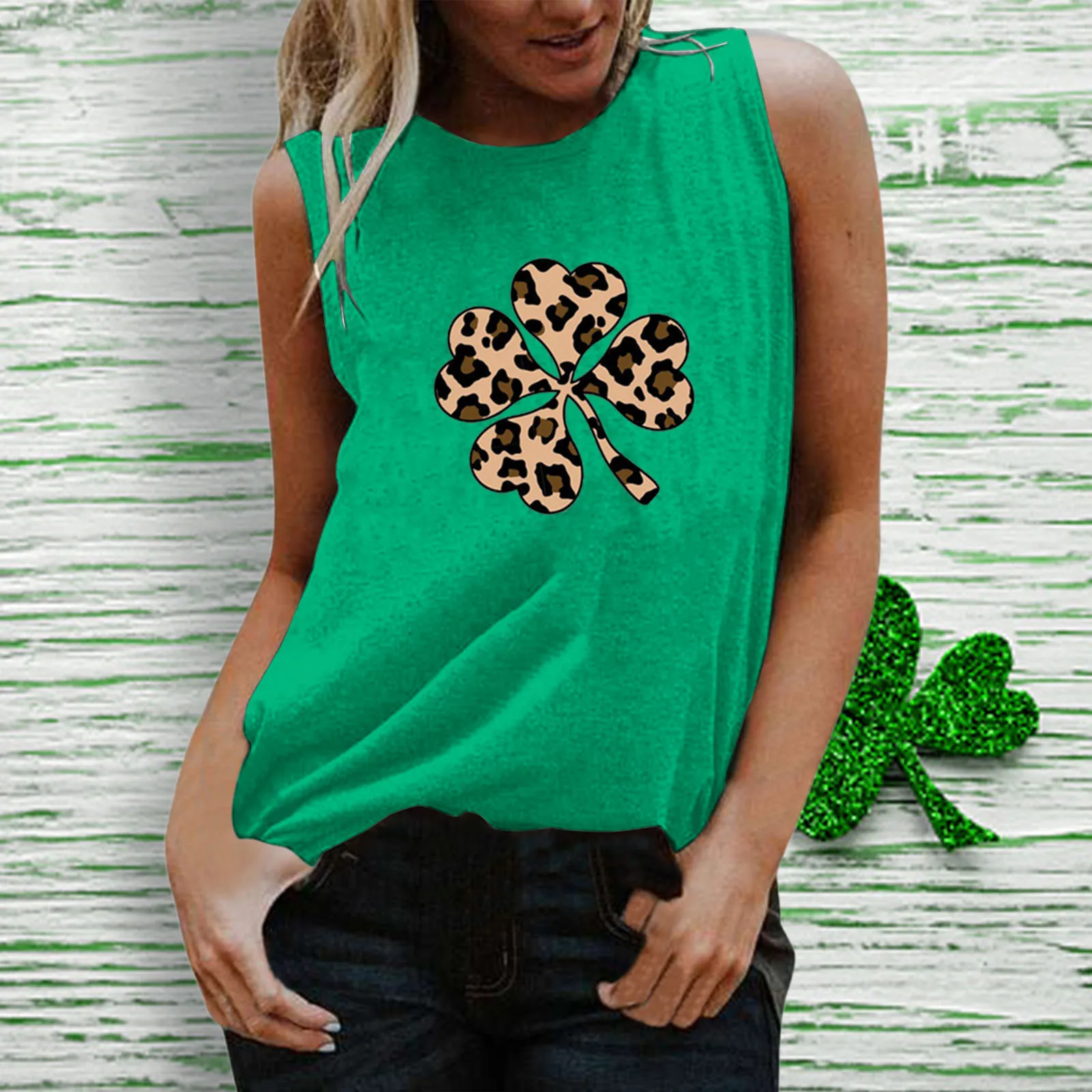 

Женская Майка с круглым вырезом, без рукавов, с принтом четырехлистного клевера, повседневная Майка, блузка, повседневные майки