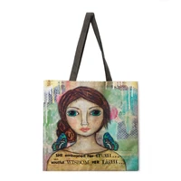 simple girl printed womens shoulder bag double sided printed womens handbag shopping bag foldable and reusable