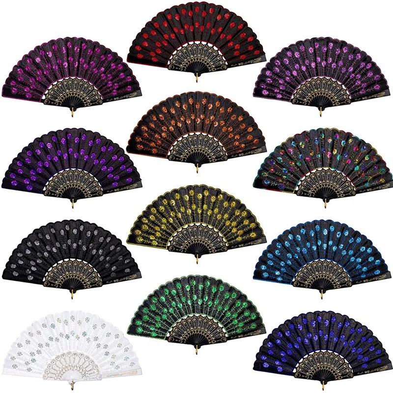 

12 Pieces Sequin Fabric Folding Fans Peacock Hand Fans Flower Lace Fans Handheld Folding Fans For Women Wedding Party