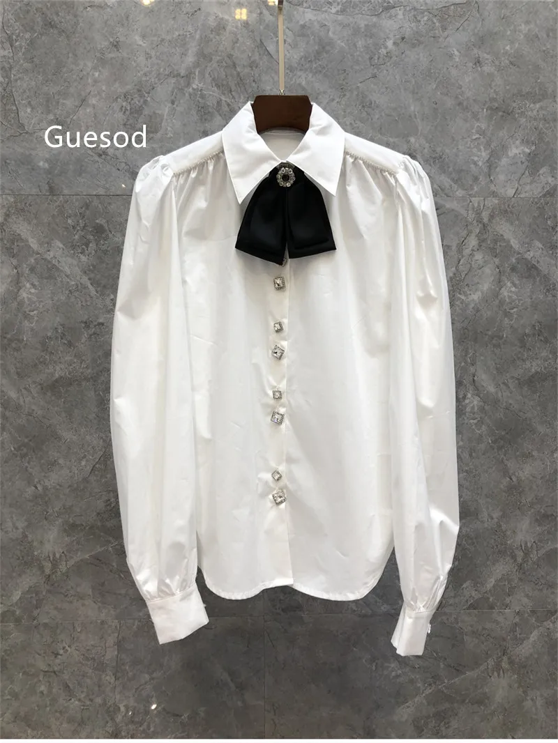 

Women Cotton Blouse Top Quality Contrast Color Bow French White Blouse Female Spring All Match Blouse New Guesod