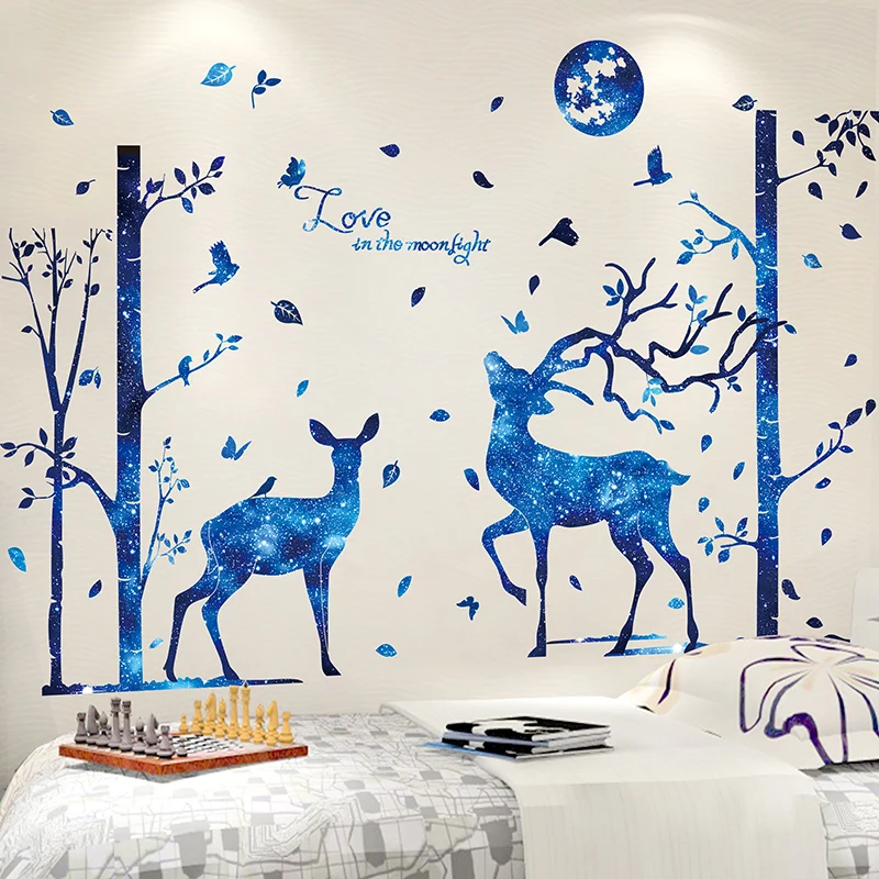 

[SHIJUEHEZI] Blue Deer Animal Wall Stickers DIY Cartoon Moon Trees Mural Decals for Kids Bedroom Baby Room Nursery Decoration