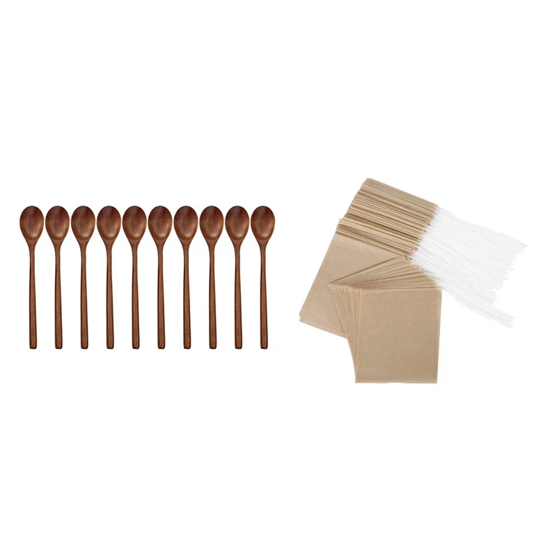 

10Pcs Wooden Spoon For Mixing And Cooking, Long Spoon & 300Pcs Tea Filter Bags, Disposable Paper Tea Bag