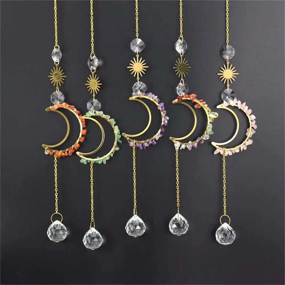 

Natural Crystal Chips Stone Glass Sun Catcher Moon Shape Suncatche For Home Decorative