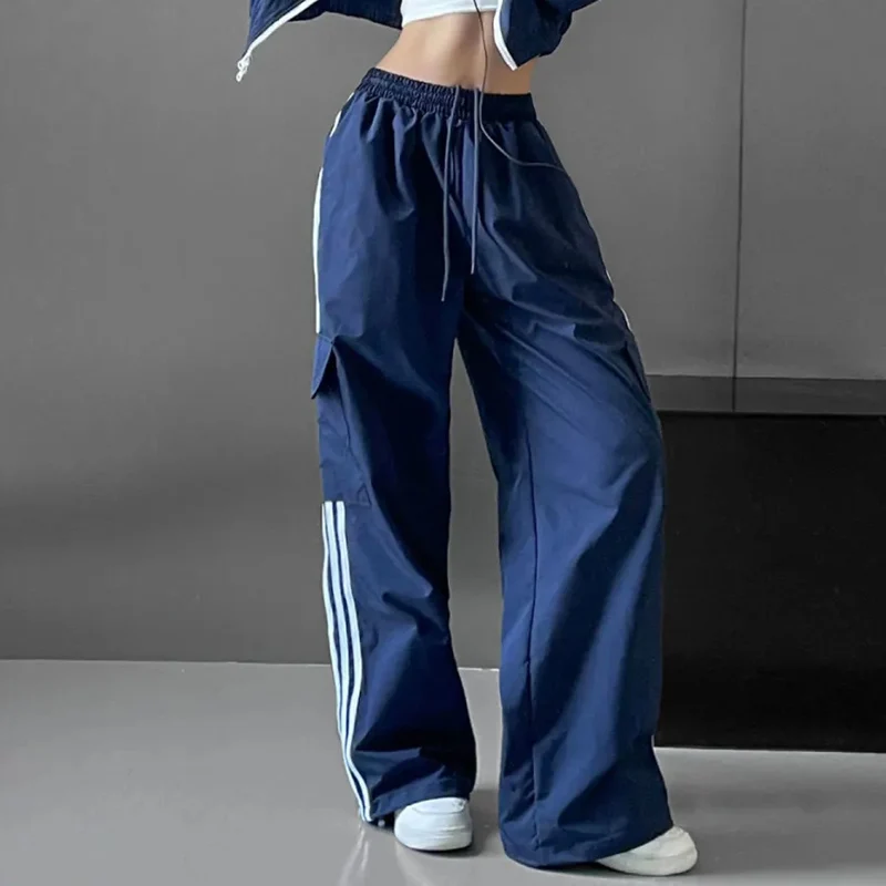 

Women Stripe Patchwork Sweatpants Fashion Streetwear Baggy Wide Leg Cargo Pants Y2K Solid High Waist Drawstring Joggers Trousers