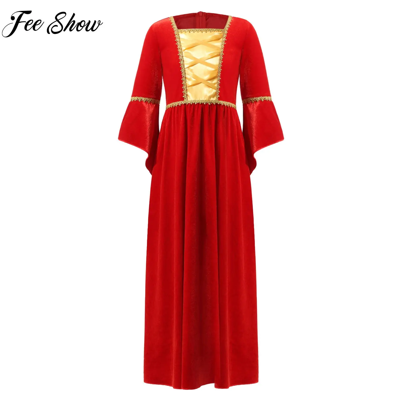 

Kids Girls Medieval Vintage Princess Costume Long Flared Sleeve High Waist Long Dress for Halloween Cosplay Dress Up Party