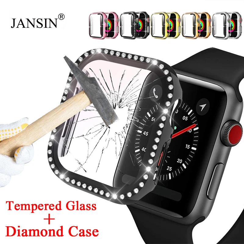 

Diamond Case+Tempered Glass Screen Protector For Apple Watch 38mm 42mm 40mm 44mm Bumper Cover Case for iWatch Series 7 45mm 41mm