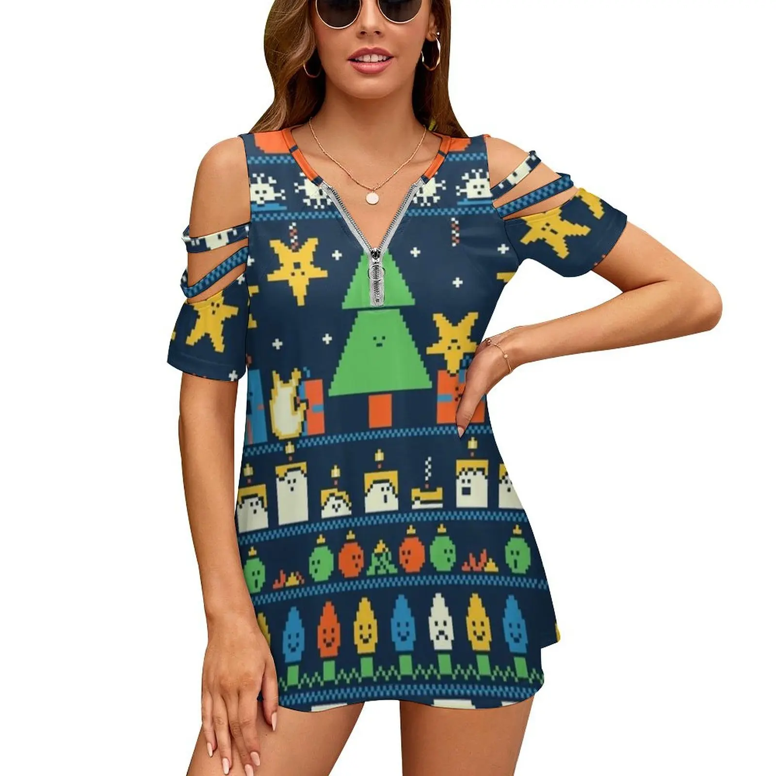 

Merry Christmess Women Zipper Sexy Printed Vintage T Shirts Tops Full Print T-Shirt Ugly Sweater Christmas Holiday Xmas Festive