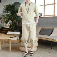 chinese style linen suit mens retro ethnic embroidery tang suit two piece set summer loose cotton linen short sleeved t shirt