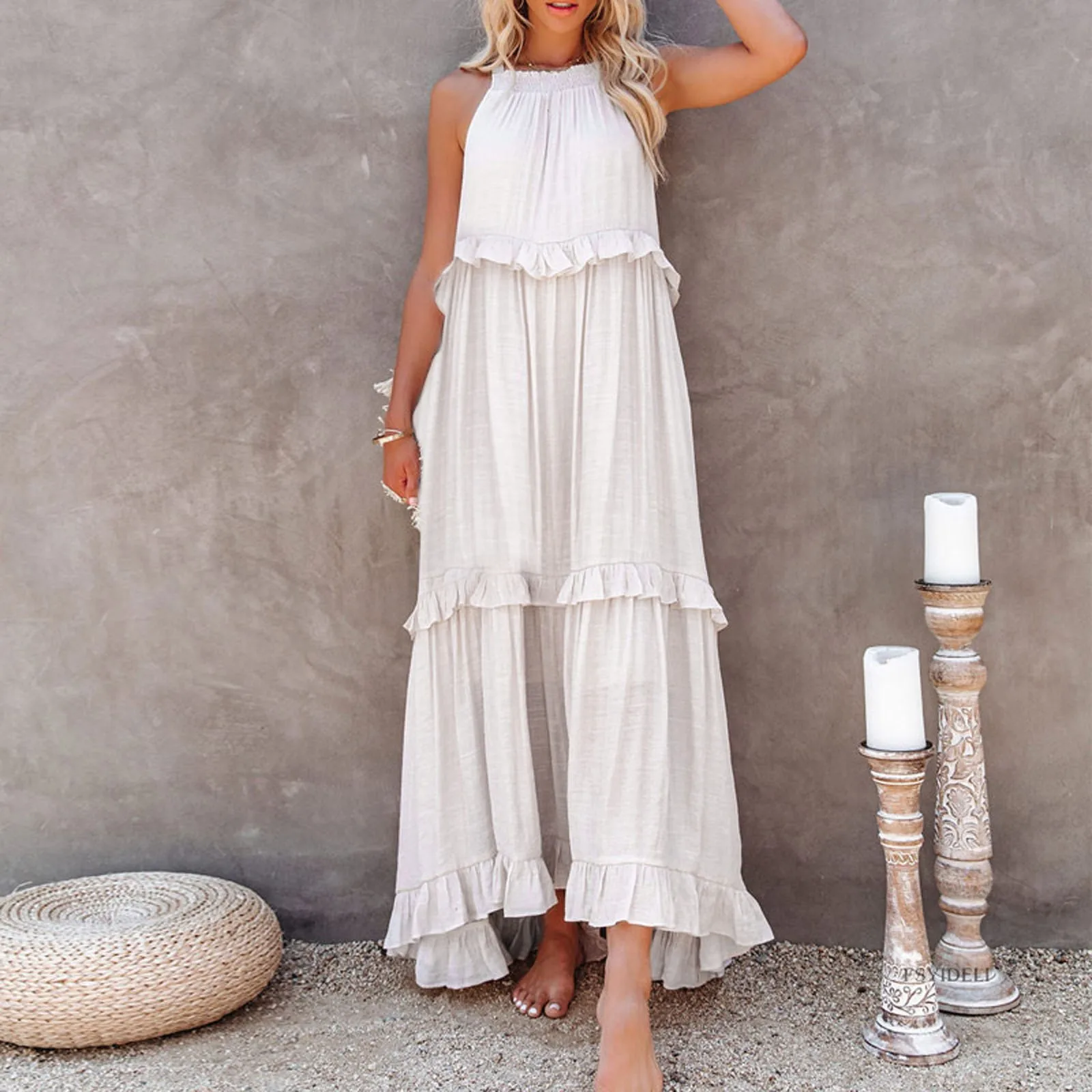 

Women Summer Beach Vacation Long Mopping Dress Casual Halter Bandage Sleeveless Loose Cake Dress Lady Elegant Ruffle Party Dress