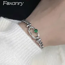 Foxanry Vintage Punk Silver Color Chain Bracelets for Women New Fashion Classic Green Zircons Handmade Party Jewelry Gifts