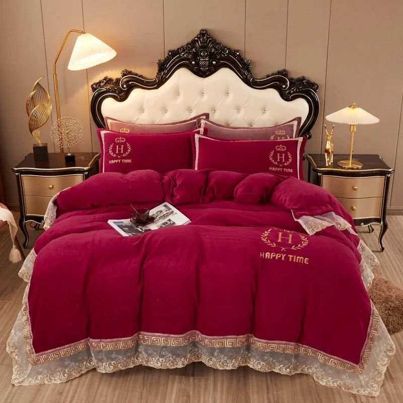 

Luxury Embroidery Bedding Winter Soft Velvet Fleece Gold Lace Edge Quilt/Duvet Cover Set Bed Linen Fitted Sheet Pillowcases