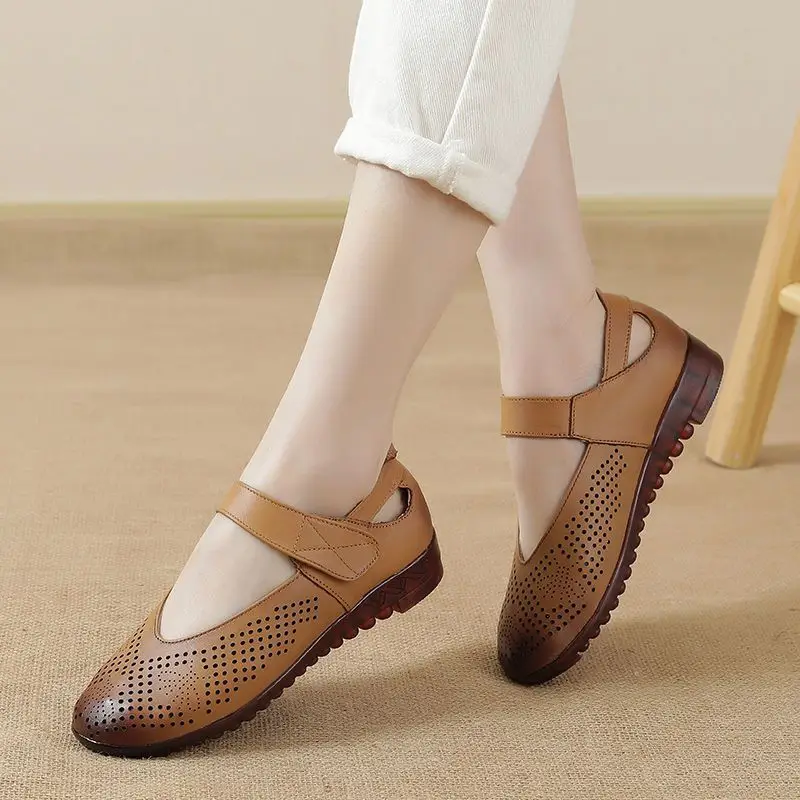 Genuine Leather Mary Jane Flats Women's Summer Sandal Loafers Woman Oxford Female Shoes V Cut Handmade Moccasins Women Shoes