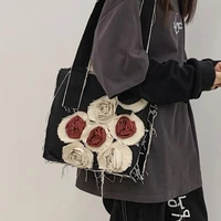 fashion denim tote bag ladies flower bag 2022 new casual tassel underarm bag large capacity messenger bag roses
