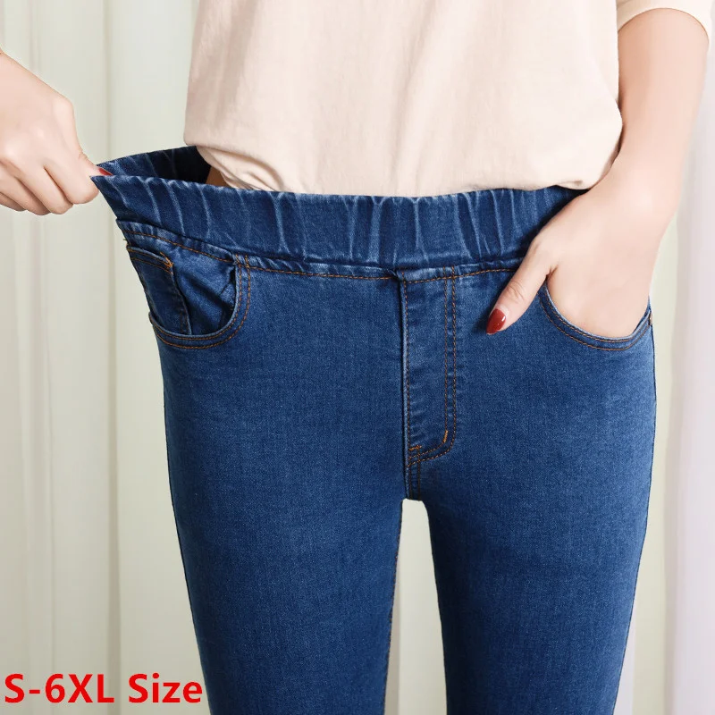 

Узкие женские джинсы с эластичным завышенным поясом, модные облегающие брюки МОМ с карманами, Стрейчевые брюки из денима черного, синего цветов, 4XL, 5XL, 6XL
