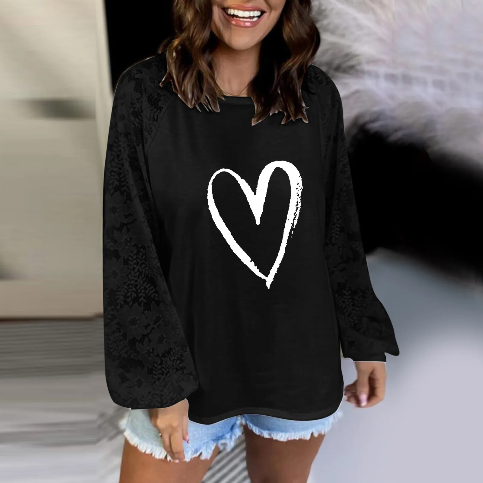 

Women Trendy Blouses Casual Loose Knit Tops Pullover Hollow Out Lace Long Sleeve Loose Long Sleeve Tops Raglan Shirt Women