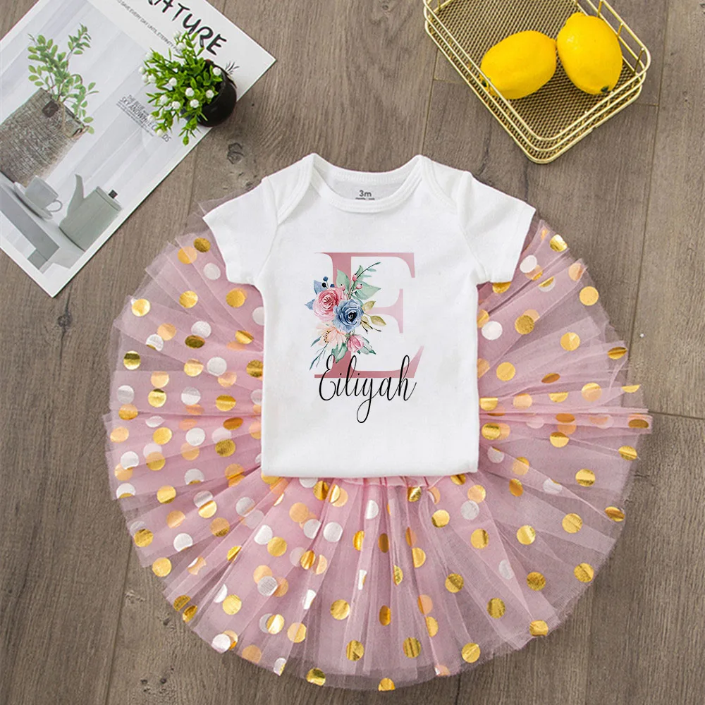 Personalised Baby Girl Birthday Party Dress Custom Initial with Name Tutu Cake Dresses + Romper Outfits Girls Clothes Jumpsuits images - 6