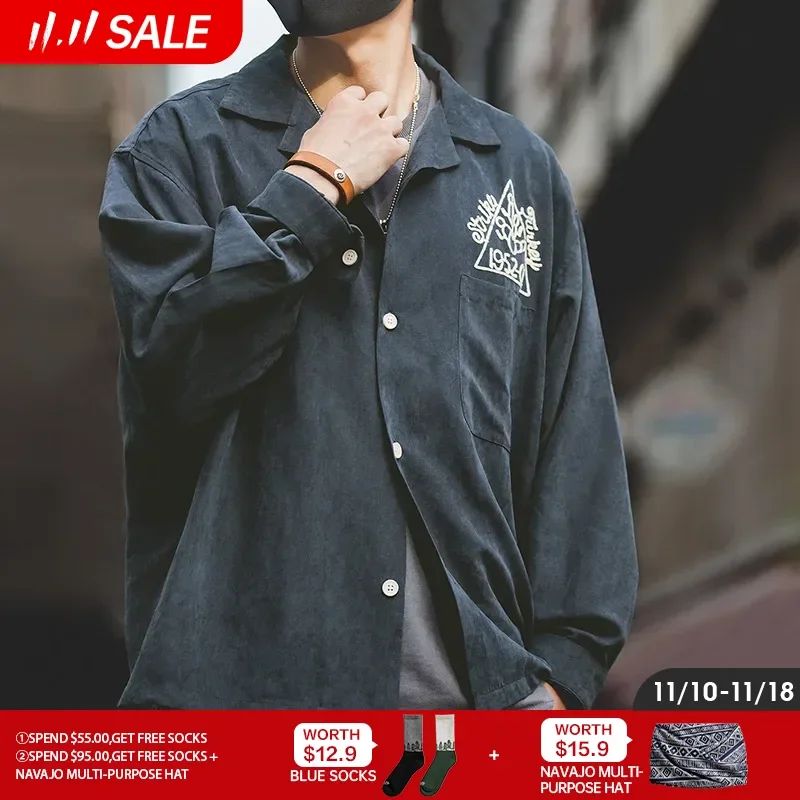 Maden Ретро рубашка с длинным рукавом для мужчин однотонная лацканами и карманом.