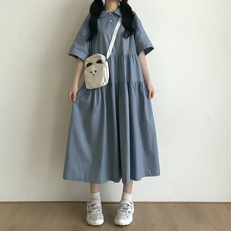 

Синее Длинное свободное Повседневное платье миди для женщин и девушек, летнее милое платье-трапеция с фейским сердечником, плиссированное ...