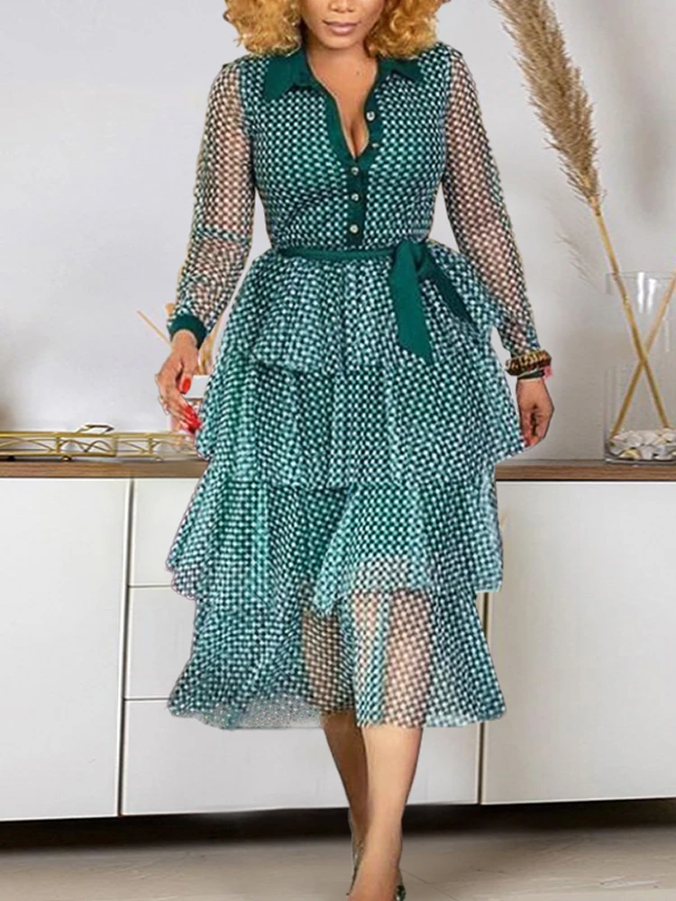 

Elegant Women Flowy Midi Dresses Puffy Mesh Plaid Layered Swing Dress See Through Long Sleeve Belted Trendy 2022 Summer Outfits