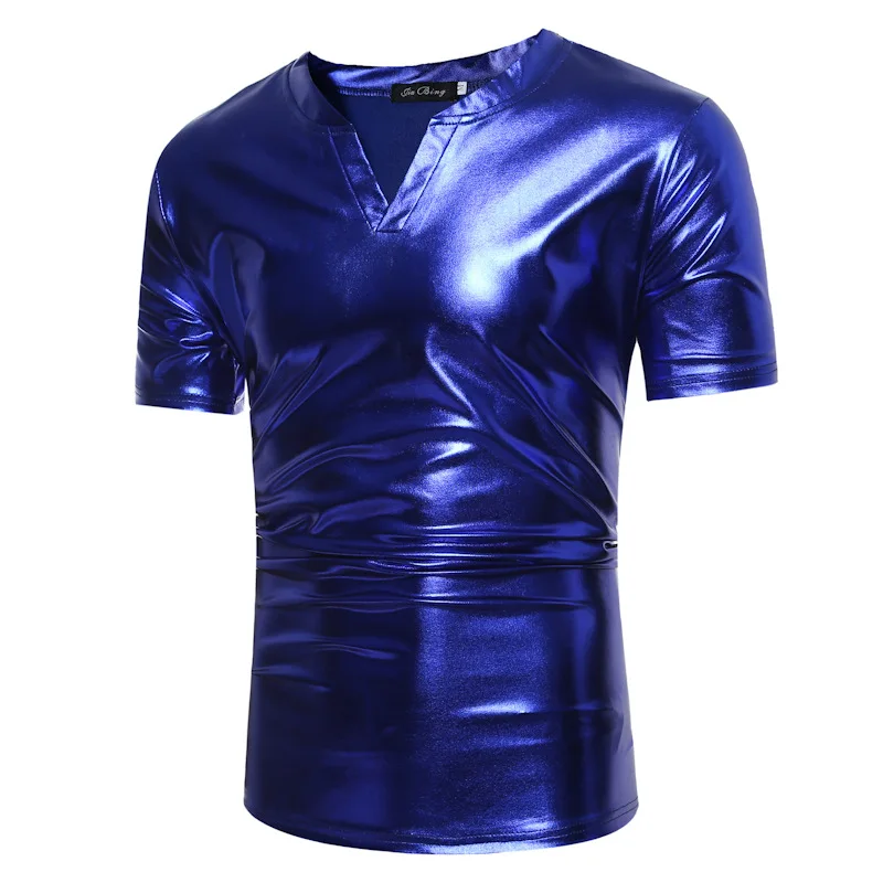 Classic V Neck T Shirt Men Shiny Royal Blue Coated Metallic Nightclub Stage Tshirt Men Hip Hop Streetwear Camiseta Masculina XXL