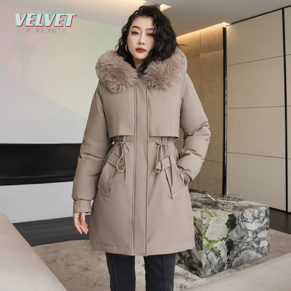 

VE 2023 New Winter Jacket Women Parka Fashion Long Coat Fur Hooded Parkas Slim With Fur Collar Warm Snow Wear Padded Clothes