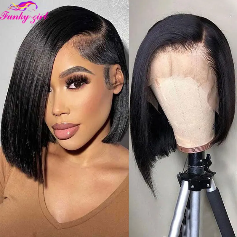 T Part Lace Front Bob Wig Straight Human Hair Wigs Brazilian Remy Hair Bone Straight Transparent Lace Wig For Women 180% Denisty