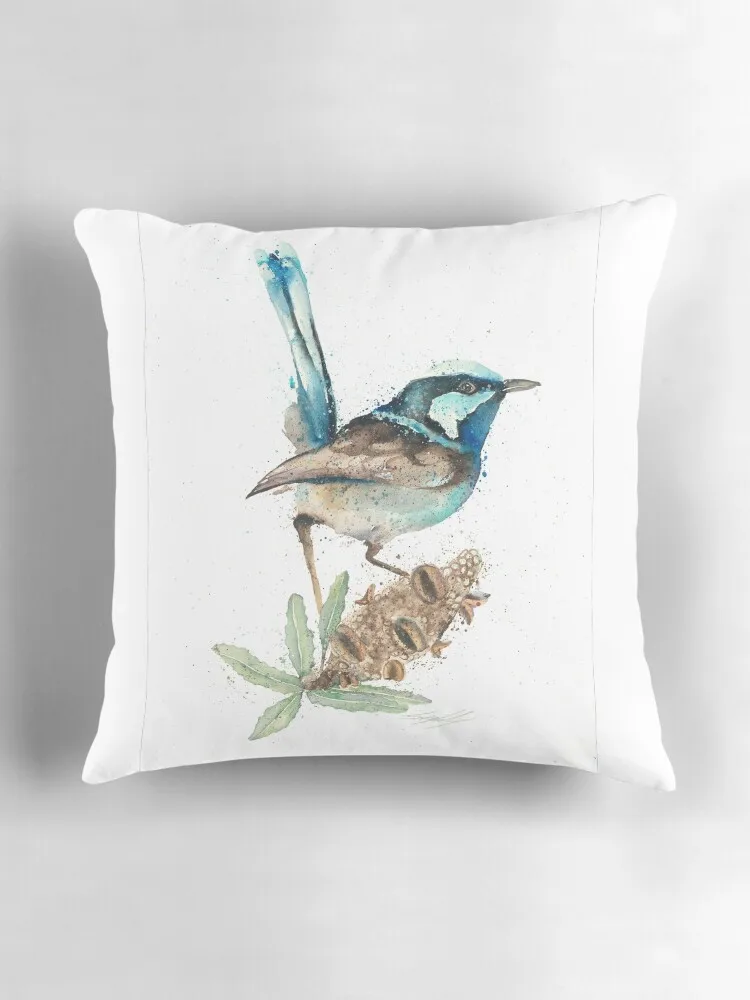 Blue Wren австралийская Акварельная декоративная подушка с изображением птицы