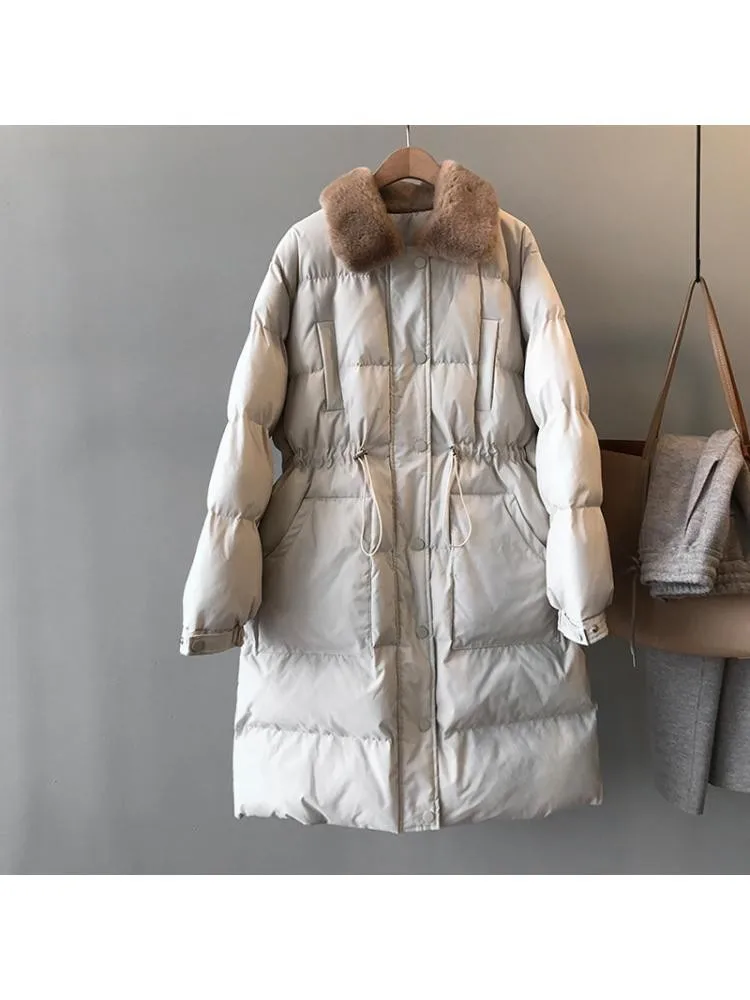 2022 Winter Sustans-Padded Thick Black Long Parkas Jackets Women Imitation Rabbit Fur Collar Loose Warm Bread Coats