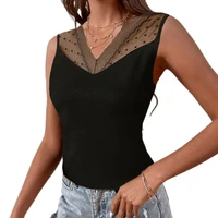 2000s sexy y2k women summer solid color tanks tops patchwork design lace decor v neck sleeveless see through slim crop camis top