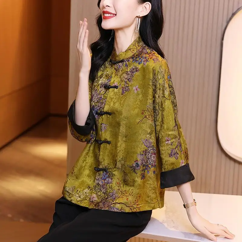 

2023 Chinese traditional hanfu blouse women elegant stand collar cheongsam blouse green jacquard casual daily tangsuits blouse