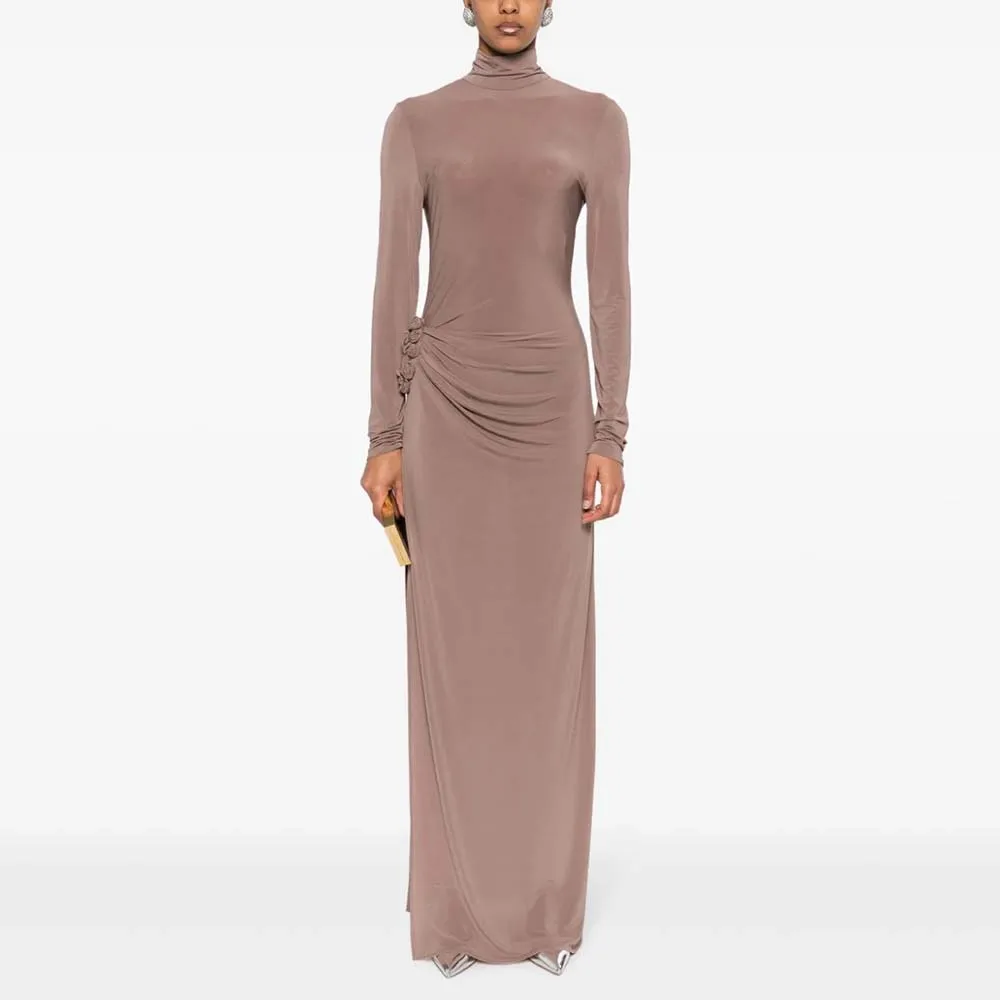 

Women's Dress 2023 Fall & Winter New Y2k Stereoscopic Flower Side Slit High Neck Long Sleeve Simple Fashion Peplum Long Dresses