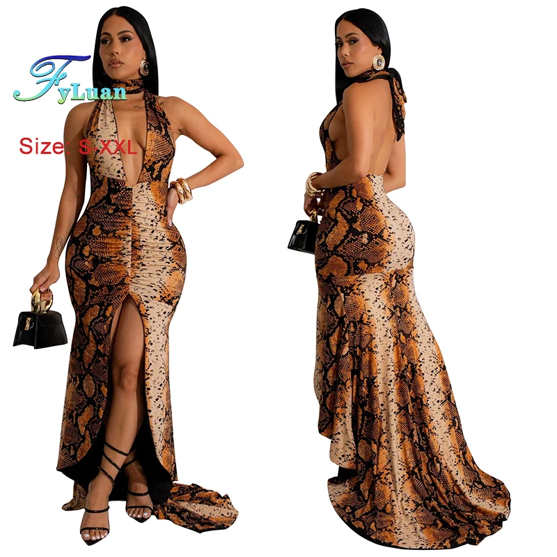 2025 пикантное женское колье с лямкой на шее и змеиным принтом длинное платье макси