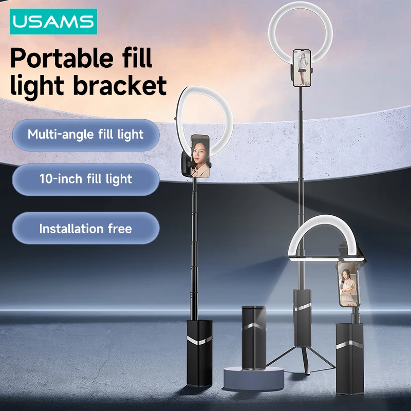USAMS Portable Phone Holder Wireless Live LED Ring Light With Tripod Retractable Stand For Live Broadcast Vlog Youtube Tiktok